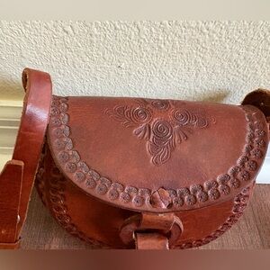 Vintage Hand-Tooled Leather Saddle Bag Crossbody Brown Boho Western